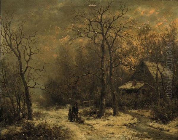 Figures On A Snowy Path Oil Painting by Hendrik Barend Koekkoek