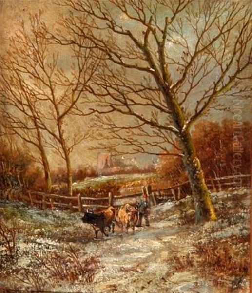 A Drover And Cattle In A Snow Capped Landscape With Church In The Distance Oil Painting by Hendrik Barend Koekkoek