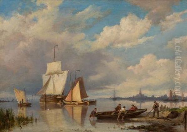 A Quiet Harbor Oil Painting by Hendrik Barend Koekkoek