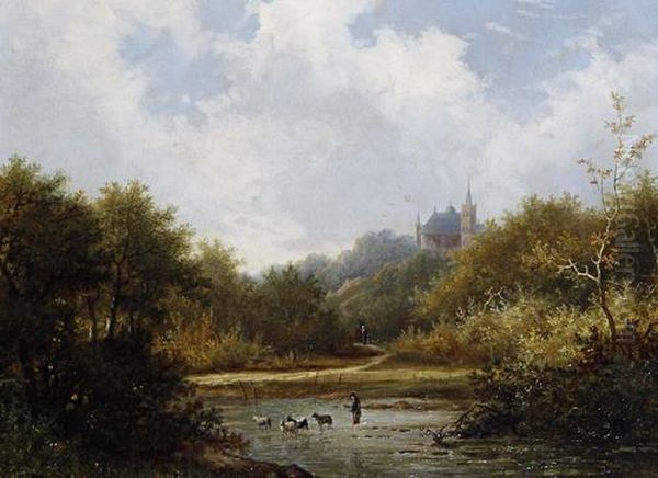 River Landscape With Goat Herd Oil Painting by Hendrik Pieter Koekkoek