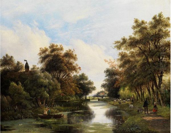 Baumlandschaft Mit Flusslauf, Brucke Undfigurenstaffage Oil Painting by Hendrik Pieter Koekkoek