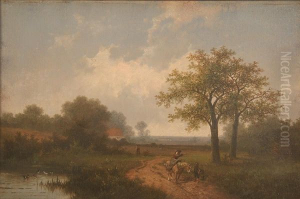 Landscape With A Womanon A Horse In Conversation With A Youth On A Path Oil Painting by Hendrik Pieter Koekkoek