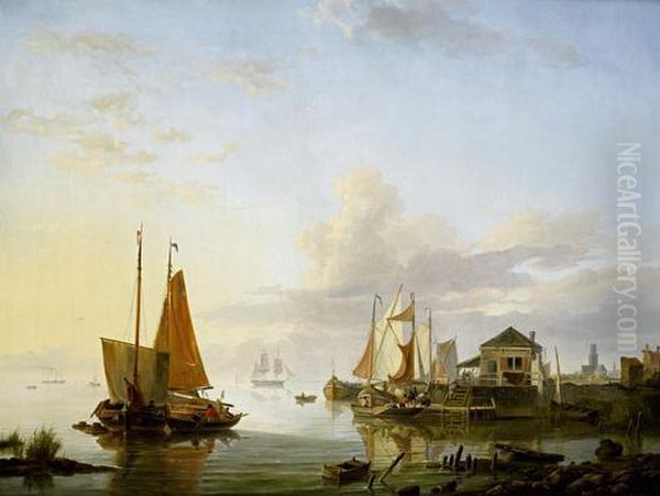 Boats In Harbour Oil Painting by Hermanus Koekkoek