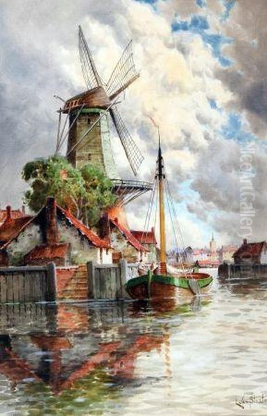 Dutch Canal Scene Oil Painting by Hermanus Jr. Koekkoek