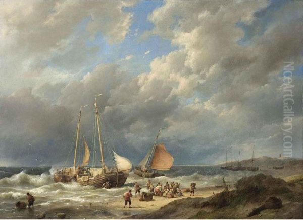 Bringing In The Catch Oil Painting by Hermanus W. Koekkoek