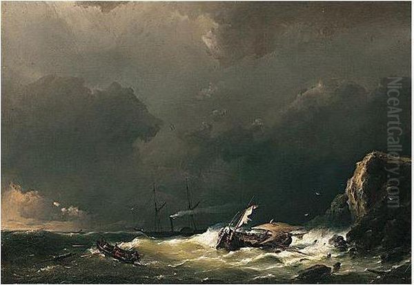 Schepen In De Branding Oil Painting by Hermanus W. Koekkoek