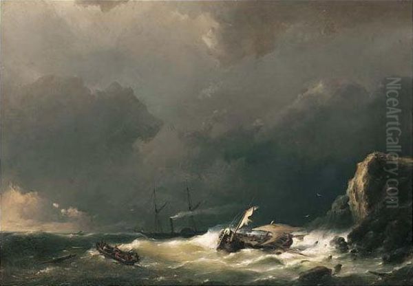 Schepen In De Branding (shipping In The Breakers) Oil Painting by Hermanus W. Koekkoek