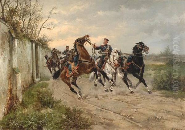 The Approach Of The Cavalry Oil Painting by Hermanus Willem Koekkoek