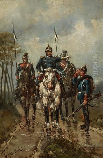 German Lancers Escorting An Officer Oil Painting by Hermanus Willem Koekkoek