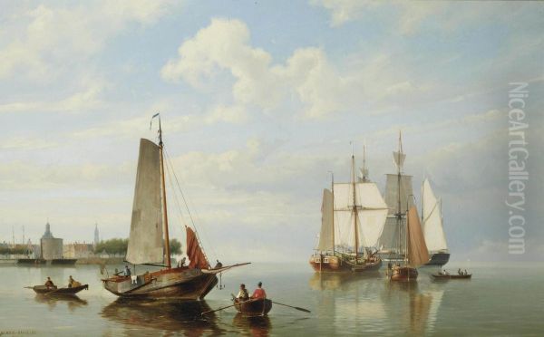 Ships On The Zuiderzee With A View Of Enkhuizen With The Drommedaris And The Zuiderkerk Oil Painting by Johannes Hermann Barend Koekkoek