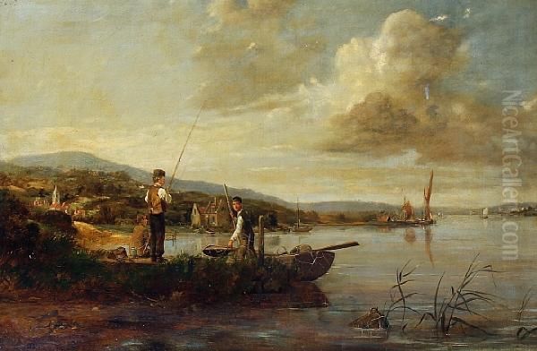 Dutch River Scene Oil Painting by Johannes Hermann Barend Koekkoek