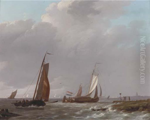 Shipping In A Stiff Breeze Off The Dutch Coast Oil Painting by Johannes Koekkoek