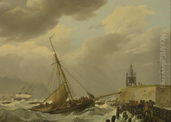 Ship In Stormy Seas Oil Painting by Johannes Hermanus Koekkoek