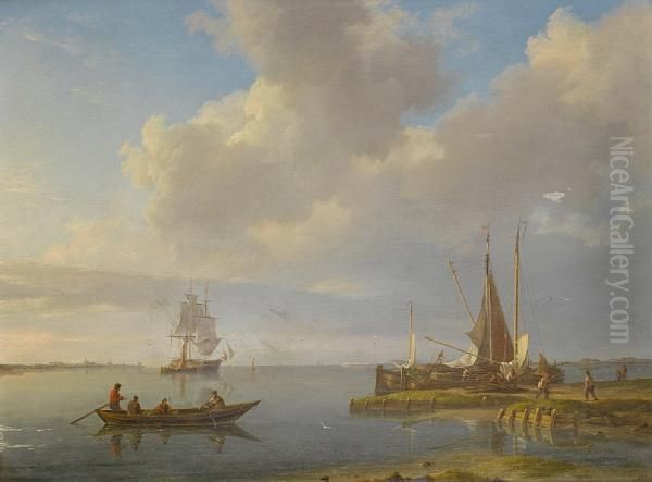 Unloading Barges On The Banks Of The Scheldt, With A Trading Brig Anchored In The River And The Spires And Towers Of Antwerp Beyond Oil Painting by Johannes Hermanus Koekkoek