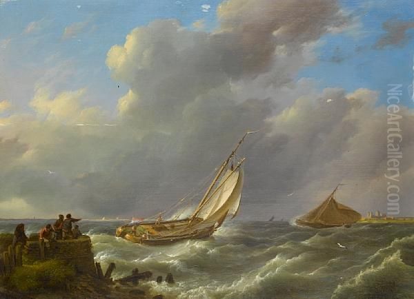 Dutch Barges At The Mouth Of The Estuary At High Tide On A Blustery Day Oil Painting by Johannes Hermanus Koekkoek