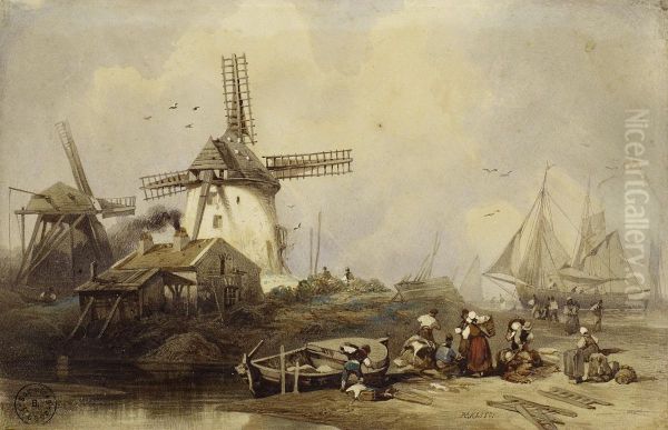 Windmills, Sailboats And Fishermen On The Beach by Johannes Hermanus Koekkoek