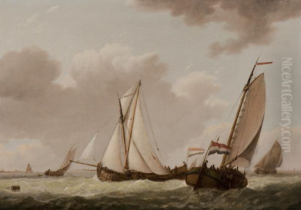 Ships On The Dutch Coast Oil Painting by Johannes Hermanus Koekkoek