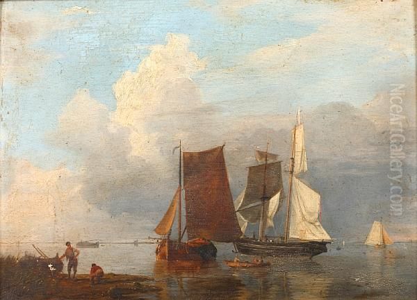 Dutch Beach Scene With Fishing Boats Andfishermen To The Foreground Oil Painting by Johannes Hermanus Koekkoek