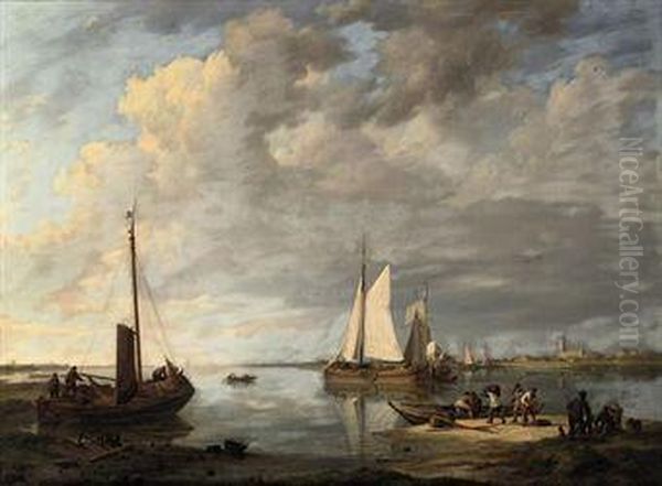 Shipping On A Calm Estuary Oil Painting by Johannes Hermanus Koekkoek