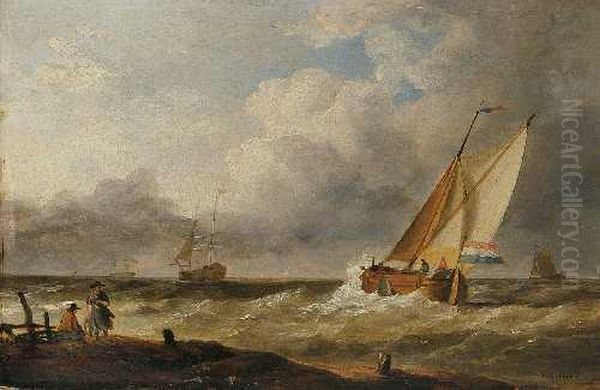 Segelschiffe An Derkuste Oil Painting by Johannes Hermanus Koekkoek