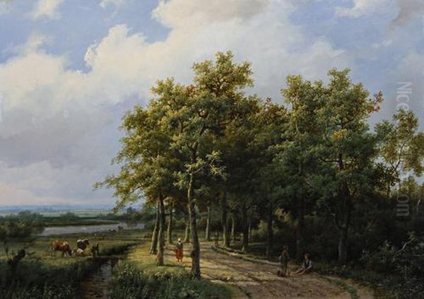 Figures Resting On A Wooded Path Oil Painting by Marianus Adrianus Koekkoek