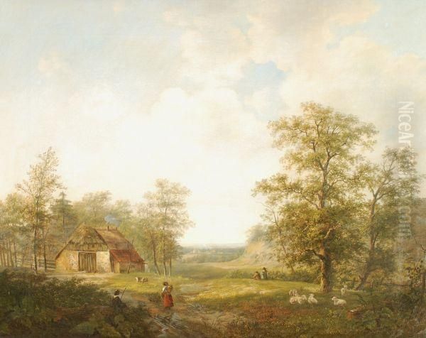 Figures Approaching A Farm Building In Awooded Landscape Oil Painting by Marianus Adrianus Koekkoek