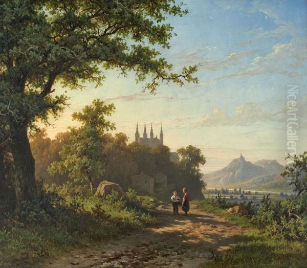 Rheinansicht Mit Blickauf Die Apollinaris-kirche Bei Remagen Und Den Drachenfels Oil Painting by Marianus Adrianus Koekkoek