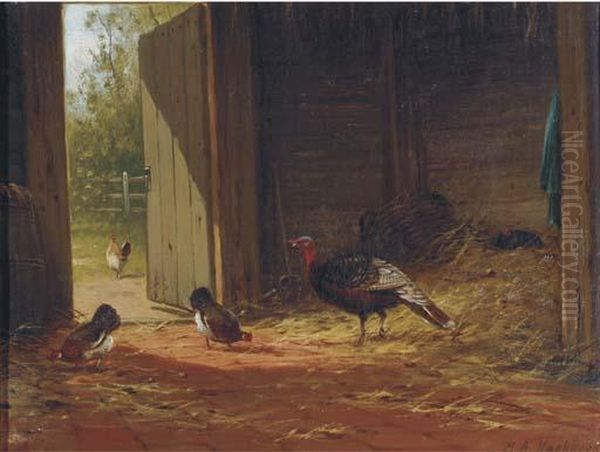 Turkey With Chickens In The Stable Oil Painting by Marinus Adrianus Ii Koekkoek