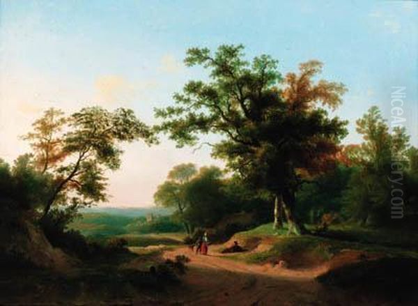 An Extensive Wooded Landscape With Travellers Resting On Atrack Oil Painting by Marinus Adrianus Ii Koekkoek