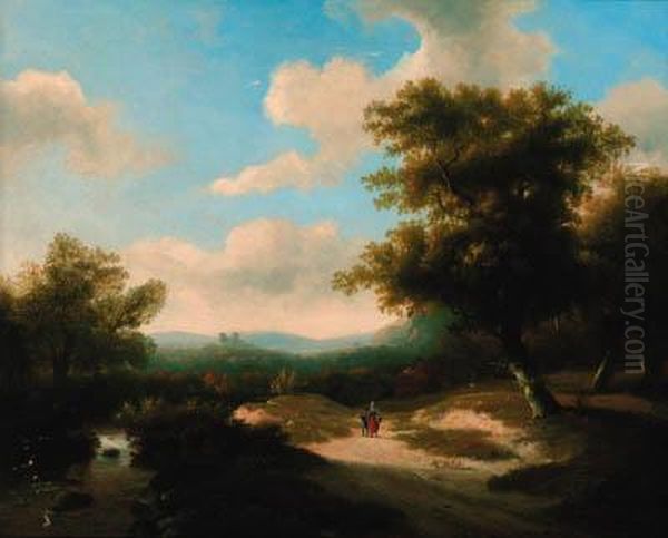 A Wooded River Landscape With Figures Walking Along A Path Oil Painting by Marinus Adrianus Ii Koekkoek