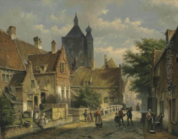 Villagers On A Sunlit Dutch Street Oil Painting by Willem Koekkoek