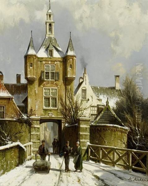 Figures In A Winter Townscape Oil Painting by Willem Koekkoek