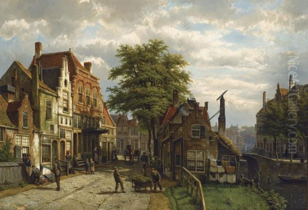 Figures In A Dutch Town On A Sunny Day Oil Painting by Willem Koekkoek