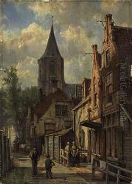 Figures In A Sunlit Dutch Street Oil Painting by Willem Koekkoek