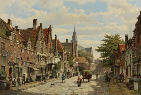 Dutch 
Figures Conversing In The Streets Of A Dutch Town On A Sunnyday, A Hay-cart Passing By Oil Painting by Willem Koekkoek