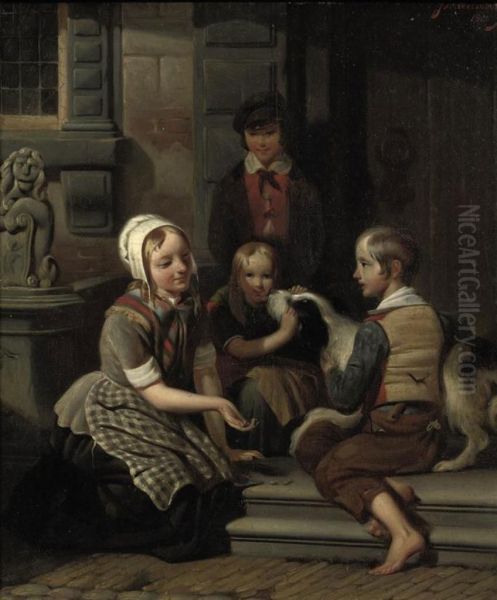 Children Playing In The Street Oil Painting by Johan Philip Koelman