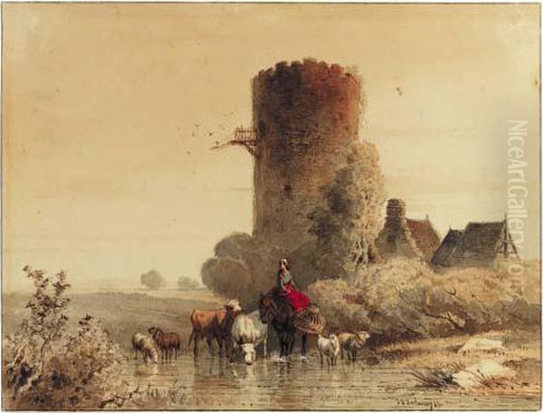 A Shepherdess Watering Her Cattle Near A Ruined Tower Oil Painting by Johan Philip Koelman