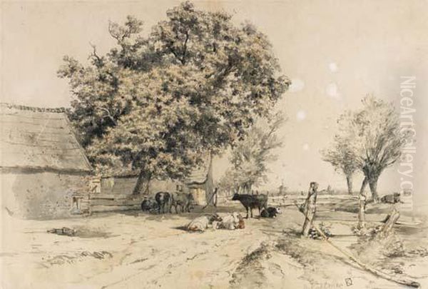 Cattle Resting Near A Farm, Probably Near The Hague Oil Painting by Johan Philip Koelman