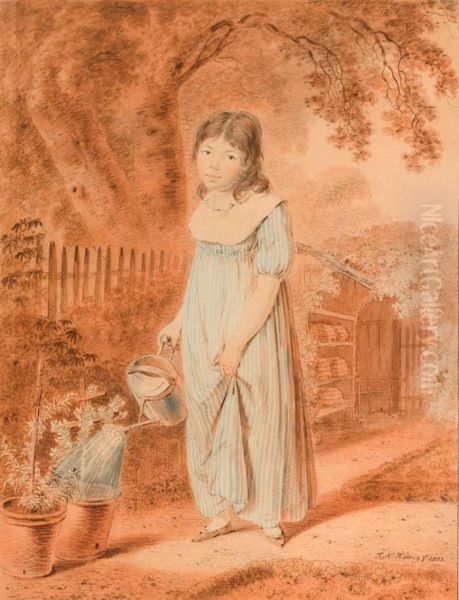 Young Girl Watering Flowers. Oil Painting by Franz Nikolaus Koenig