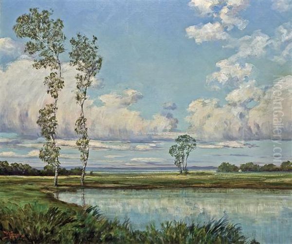 Sunlit Landscape With Pond Oil Painting by Walter Koeniger