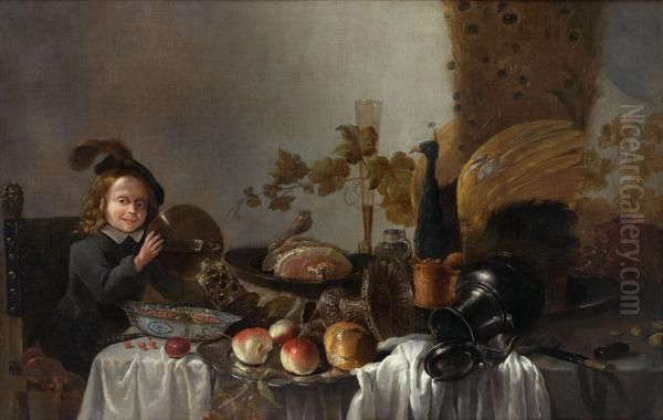 Jeune Garcon Posant Un Rohmer Sur Une Table Au Milieu De Pieces D'orfevrerie, De Victuailles Et De Fruits Oil Painting by Roloef Koets