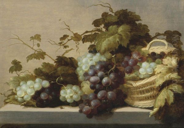 Black And White Grapes, Partly In A Wicker Basket, All On A Stoneledge Oil Painting by Roloef Koets