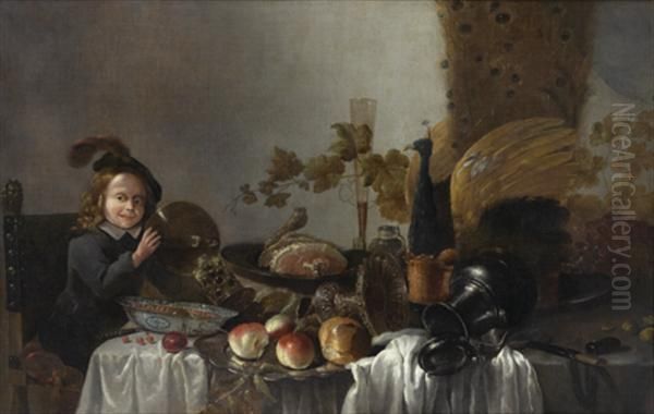 Jeune Garcon Posant Un Rohmer Sur Une Table Au Milieu De Piecesd'orfevrerie, De Victuailles Et De Fruits Oil Painting by Roloef Koets