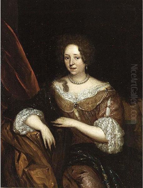 A Portrait Of An Elegant Lady, Seated Three-quarter Length, Wearing A Yellow Dress With A Lace Collar And Sleeves And A Pearl Necklace Oil Painting by Roloef Koets