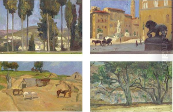 Cypress Trees, Italian Street Scene, Farm Scene, Trees: A Set Of Four Paintings Oil Painting by Lykourgos Lic Kogevinas /