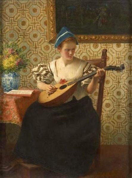 Lady With A Mandolin Oil Painting by Gustav Kohler