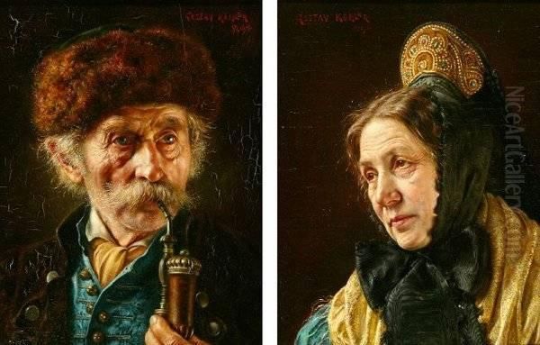 Pair Of Portraits Of A Man And A Woman Oil Painting by Gustav Kohler