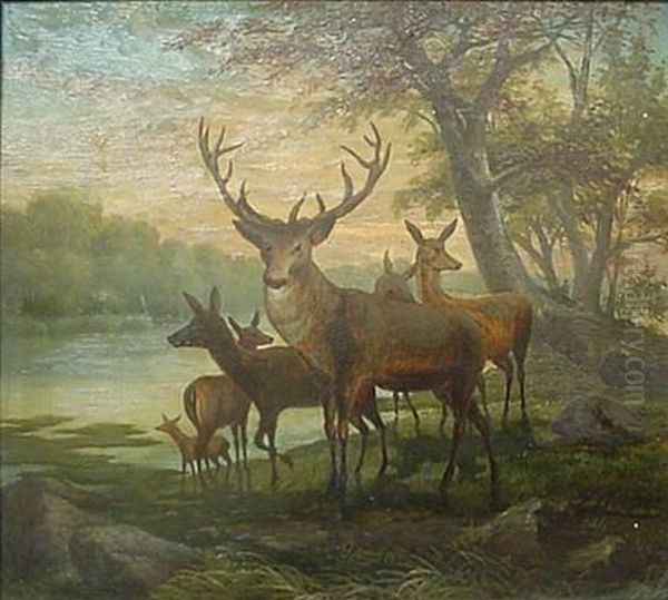 Koehler- Elk In Landscape- Oil On Artistboard, Signedlower Left, 17 X 19'' Oil Painting by Hermann Kohler