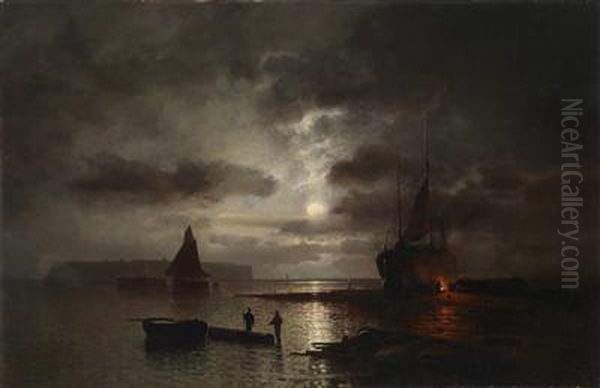 Moonlit Night Near Helgoland Oil Painting by Julius Kohnholz