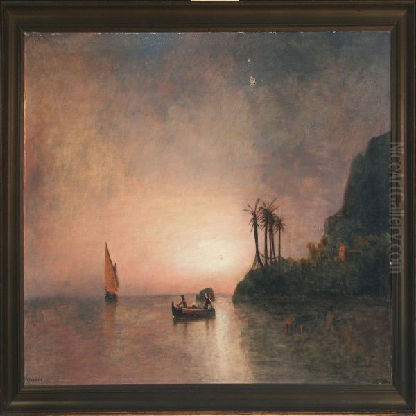 Shore With Palm Trees, Sunrise Oil Painting by Julius Kohnholz